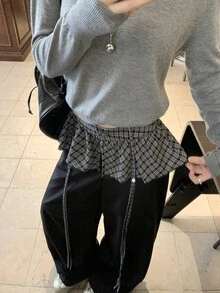 DAZY 女款格紋拼接寬腿褲，適合萬聖節、日常、約會之夜，黑色秋季頹廢風可愛上衣 - 灰色 - 查看 6
