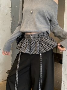 DAZY 女款格紋拼接寬腿褲，適合萬聖節、日常、約會之夜，黑色秋季頹廢風可愛上衣 - 灰色 - 查看 3