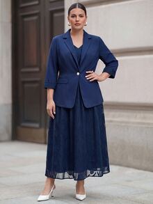 SHEIN Clasi 大尺碼花卉拼接西裝外套與洋裝套裝 秋冬款 - 藏蓝色 - 查看 4