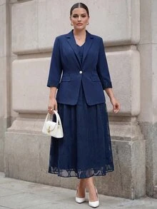 SHEIN Clasi 大尺碼花卉拼接西裝外套與洋裝套裝 秋冬款 - 藏蓝色 - 查看 7
