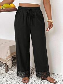 SHEIN Frenchy Plus Contrast Lace Drawstring Waist Pants - Black - View 3