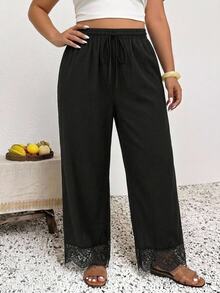 SHEIN Frenchy Plus Contrast Lace Drawstring Waist Pants - Black - View 4