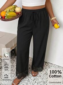 SHEIN Frenchy Plus Contrast Lace Drawstring Waist Pants - Black - View 1