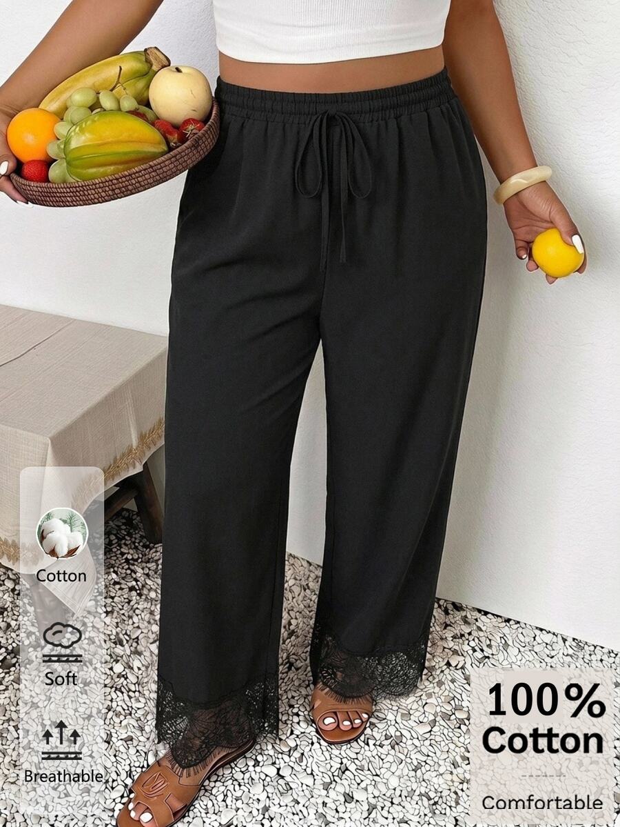 SHEIN Frenchy Plus Contrast Lace Drawstring Waist Pants - Black - View 1