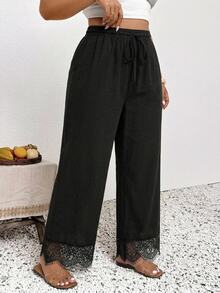 SHEIN Frenchy Plus Contrast Lace Drawstring Waist Pants - Black - View 5