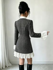 少女 2 合 1 格紋襯衫洋裝，秋冬長袖翻領 3D 蝴蝶結裝飾上衣附裙，時尚學院風 - 黑與白 - 查看 2