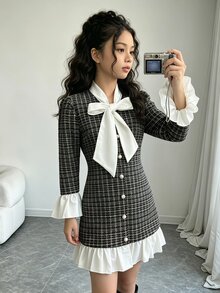 少女 2 合 1 格紋襯衫洋裝，秋冬長袖翻領 3D 蝴蝶結裝飾上衣附裙，時尚學院風 - 黑與白 - 查看 3