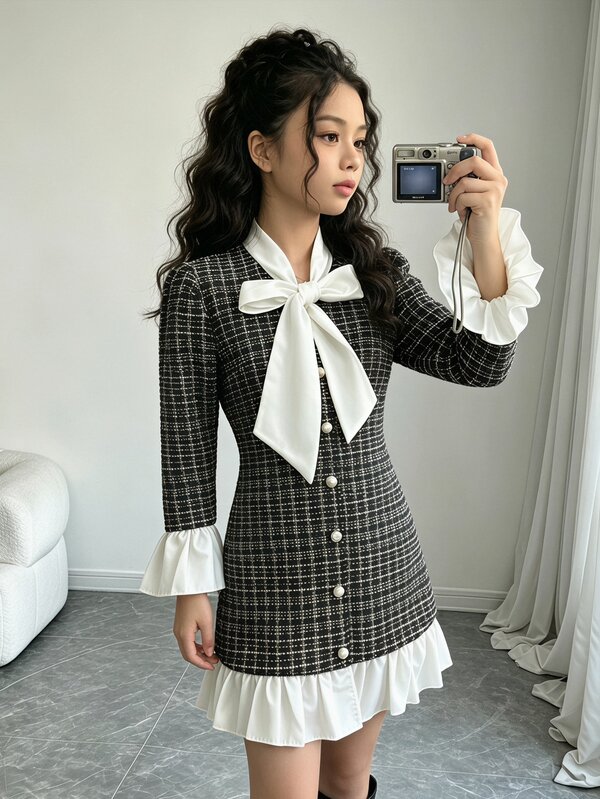 Tween Girl 2-In-1 Plaid Shirt Dress, Autumn/Winter Long Sleeve Lapel Collar 3D Bow Decor Blouse With Skirt, Fashionable Preppy Style