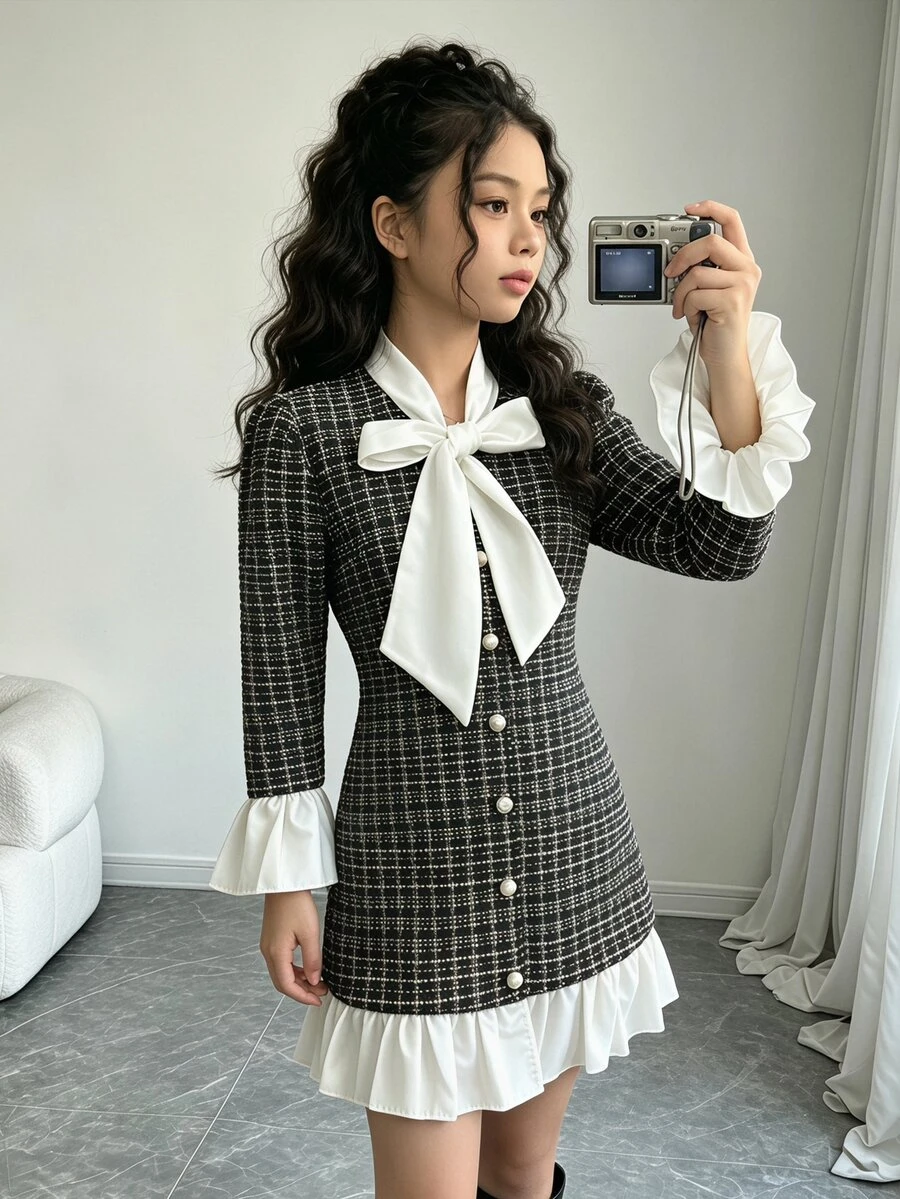 少女 2 合 1 格紋襯衫洋裝,秋冬長袖翻領 3D 蝴蝶結裝飾上衣附裙,時尚學院風 - 黑與白 - 查看 1