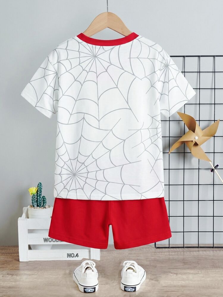 SHEIN Bubblio 2pcs Kids Boys Casual Round Neck Short Sleeve Shorts Set,Classic Spider Web & Spider Hero Graphic Print,Suitable For Summer,Beach,Travel,Vacation - Red and White - View 2