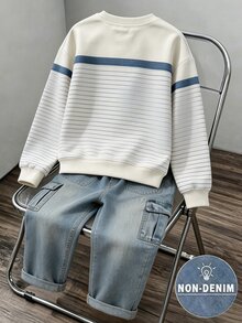 SHEIN 2件組 青少年男孩 2016美學老錢風 圓領運動衫＋寬腿工裝褲 秋季套裝 藍白條紋 淺藍色 校園休閒 - 彩色 - 查看 2