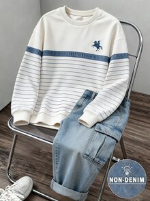 SHEIN 2件組 青少年男孩 2016美學老錢風 圓領運動衫＋寬腿工裝褲 秋季套裝 藍白條紋 淺藍色 校園休閒 - 彩色 - 查看 3