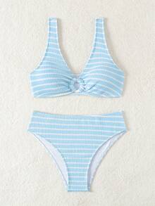 Swim Vcay 女士条纹圆环连体性感比基尼套装适合海滩度假夏季 - 藍白色 - 查看 5