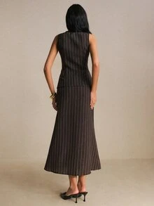 Poéselle 女款棕色細條紋背心與長裙套裝－修身鈕扣前襟馬甲兩件式西裝套裝 辦公穿著基礎套裝 返校季 - 棕色 - 查看 6