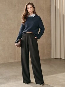Anewsta 女款法式極簡風針織毛衣，百搭通勤上班套頭上衣，秋冬款 - 軍綠色 - 查看 5