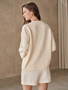 Anewsta French Autumn/Winter High-End Fashion Design Elegant Sophisticated Evening Casual Style Heavy Beaded Rhinestone Floral Soft Knit Round Neck Sweater - Apricot - View 7