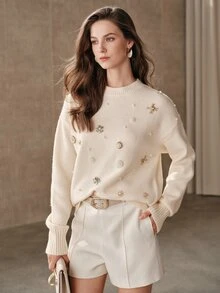 Anewsta French Autumn/Winter High-End Fashion Design Elegant Sophisticated Evening Casual Style Heavy Beaded Rhinestone Floral Soft Knit Round Neck Sweater - Apricot - View 5