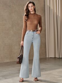 Anewsta Ladies' Light Blue Pocket Color Diamond Micro Flared Jeans, Niche Floor Length Flared Pants - Baby Blue - View 3
