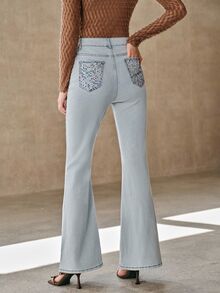 Anewsta Ladies' Light Blue Pocket Color Diamond Micro Flared Jeans, Niche Floor Length Flared Pants - Baby Blue - View 2