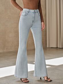 Anewsta Ladies' Light Blue Pocket Color Diamond Micro Flared Jeans, Niche Floor Length Flared Pants - Baby Blue - View 5