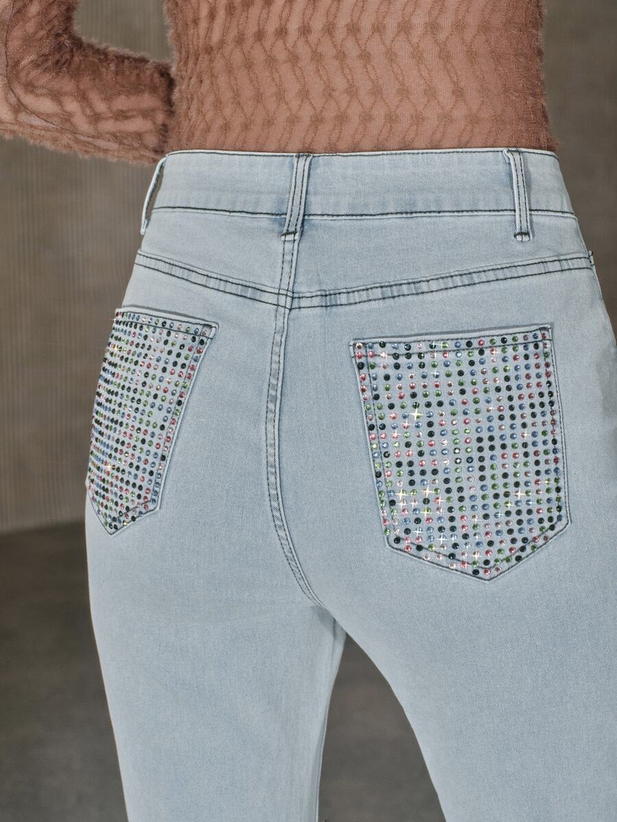 Anewsta Ladies' Light Blue Pocket Color Diamond Micro Flared Jeans, Niche Floor Length Flared Pants - Baby Blue - View 1
