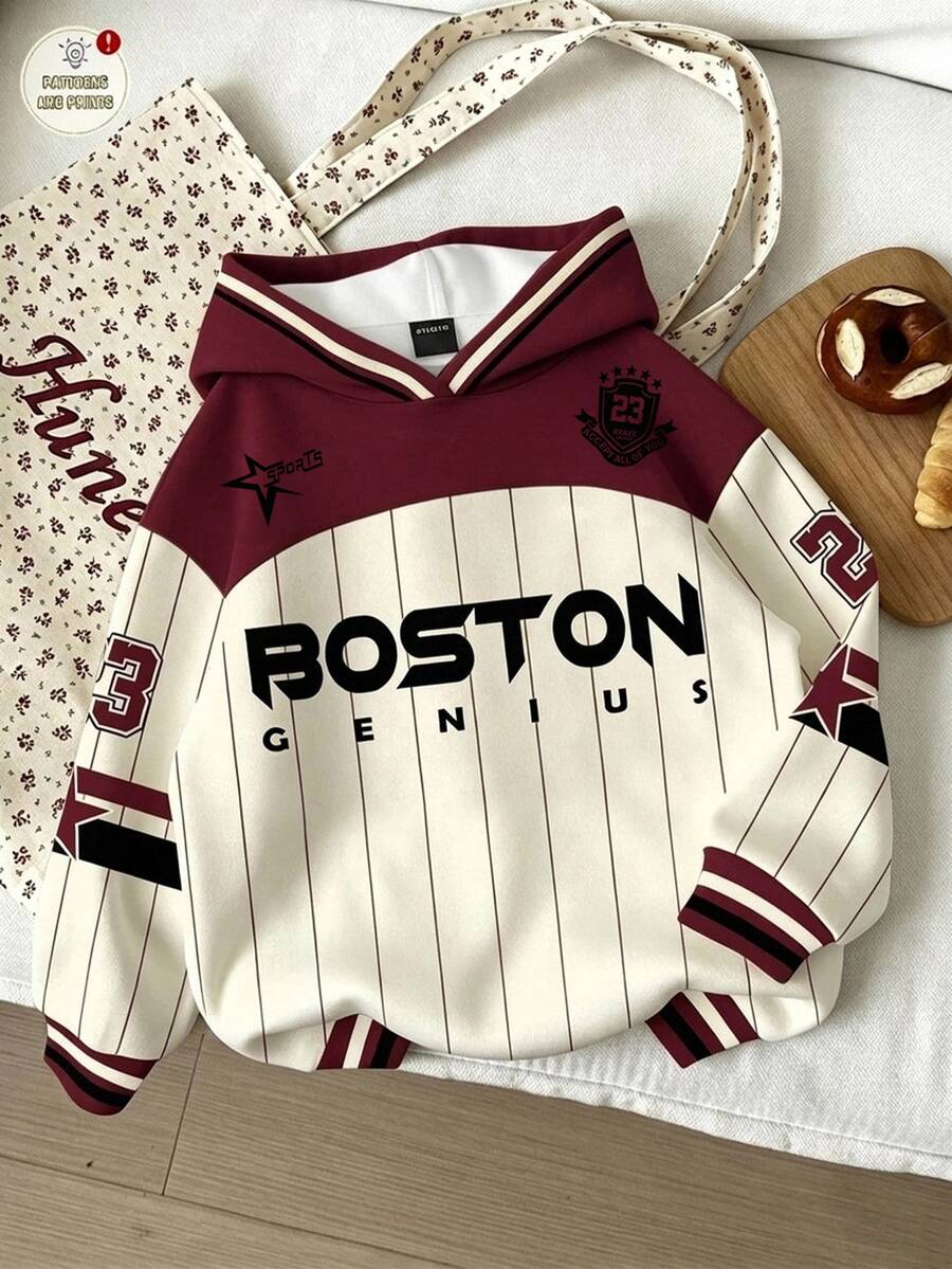 Divinelle Casual Minimalist English Print Contrast Color Striped Women's Sweatshirt - Multicolor - View 1