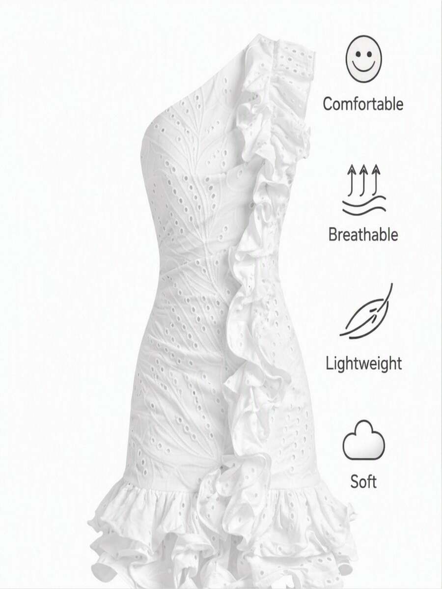 BELROSIE White Summer Elegant Holiday Vacation Vintage French Style Hollow Embroidery Asymmetric Shoulder Ruffled Hem Sleeveless Mini Dress For Women,Holiday - White - View 1
