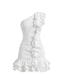 BELROSIE White Summer Elegant Holiday Vacation Vintage French Style Hollow Embroidery Asymmetric Shoulder Ruffled Hem Sleeveless Mini Dress For Women,Holiday - White - View 3