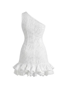 BELROSIE White Summer Elegant Holiday Vacation Vintage French Style Hollow Embroidery Asymmetric Shoulder Ruffled Hem Sleeveless Mini Dress For Women,Holiday - White - View 2