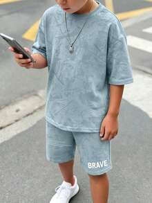 Kids Young Boy Casual Minimalist Short Sleeve T-Shirt And Shorts Set - Multicolor - View 4