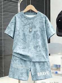 Kids Young Boy Casual Minimalist Short Sleeve T-Shirt And Shorts Set - Multicolor - View 1