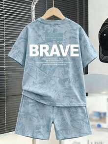 Kids Young Boy Casual Minimalist Short Sleeve T-Shirt And Shorts Set - Multicolor - View 2
