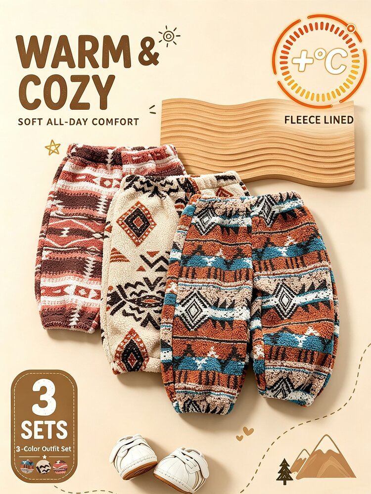 SHEIN 3pcs Baby Boy Toddler Boy Jogger Pants Vintage Cozy Rust Blue Khaki Bohemian Geometric Print Thickened Plush Outdoor Travel Winter Jogging Cargo Baggy - Multicolor - View 1