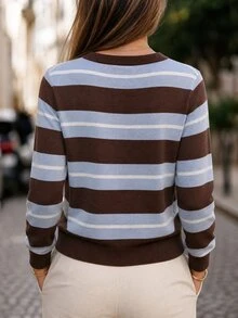 SHEIN PariChic 秋冬休閒學院風拼色棕色條紋開襟羊毛衫 教師風格 - 咖啡棕 - 查看 2