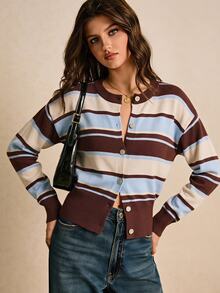 Poéselle Cardigan Rajut Bergaris untuk Wanita – Atasan Sweater Lengan Panjang Kancing Depan, Potongan Ramping dengan Pinggang Bergaris untuk Musim Gugur/Dingin, Atasan Cokelat untuk Acara Keluar Rumah - Coffee Brown - View 1