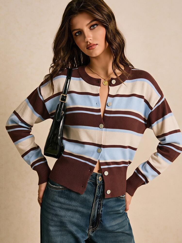 Poéselle Women's Striped Knit Cardigan For Women – Long Sleeve Button Down Sweater Top, Slim Fit Ribbed Waist Fall/Winter Going Out Brown Top - Coffee Brown - View 1