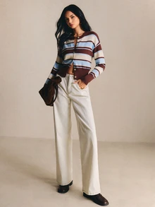 Poéselle Cardigan Rajut Bergaris untuk Wanita – Atasan Sweater Lengan Panjang Kancing Depan, Potongan Ramping dengan Pinggang Bergaris untuk Musim Gugur/Dingin, Atasan Cokelat untuk Acara Keluar Rumah - Coffee Brown - View 8