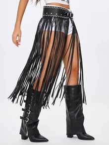 ROMWE Fairycore Y2K Chic Baddie Faux Leather Fringe Punk Rivet Decor Metal Zinc Alloy Heavy-Duty Buckle Fashion Rivet Belt, Versatile Streetwear OOTD - Black Full-edge Tassels - View 4