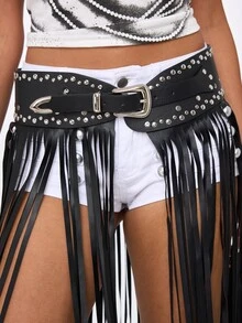 ROMWE Fairycore Y2K Chic Baddie Faux Leather Fringe Punk Rivet Decor Metal Zinc Alloy Heavy-Duty Buckle Fashion Rivet Belt, Versatile Streetwear OOTD - Black Full-edge Tassels - View 5