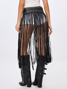 ROMWE Fairycore Y2K Chic Baddie Faux Leather Fringe Punk Rivet Decor Metal Zinc Alloy Heavy-Duty Buckle Fashion Rivet Belt, Versatile Streetwear OOTD - Black Full-edge Tassels - View 6