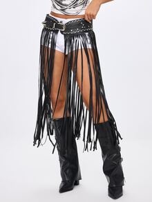 ROMWE Fairycore Y2K Chic Baddie Faux Leather Fringe Punk Rivet Decor Metal Zinc Alloy Heavy-Duty Buckle Fashion Rivet Belt, Versatile Streetwear OOTD - Black Full-edge Tassels - View 3