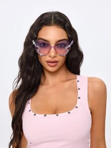 ROMWE Grunge Punk 1pc Rhinestone Butterfly Fashion Glasses, Fashion Bling Bling Fashion Glasses For Women, Everyday Use - Color Frame Color - View 8