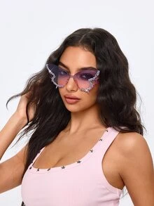 ROMWE Grunge Punk 1pc Rhinestone Butterfly Fashion Glasses, Fashion Bling Bling Fashion Glasses For Women, Everyday Use - Color Frame Color - View 9