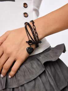 ROMWE Goth 4pcs/Set Punk Metal Style Hollow Chain Circle Pendant Bracelet (Special Material, Avoid Contact With Water, Length As Reference, Varying Chain Links) - Gun Black - View 3