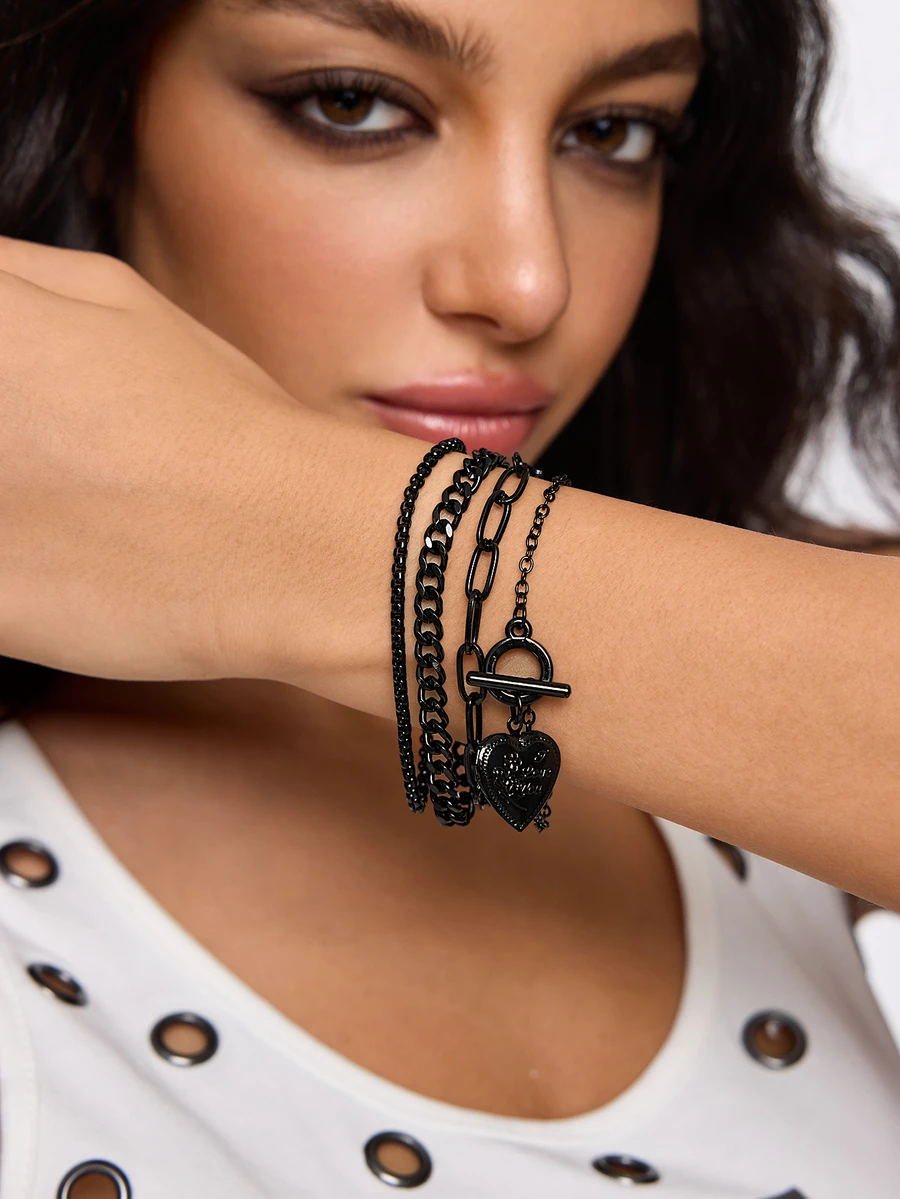 ROMWE Goth 4pcs/Set Punk Metal Style Hollow Chain Circle Pendant Bracelet (Special Material, Avoid Contact With Water, Length As Reference, Varying Chain Links)