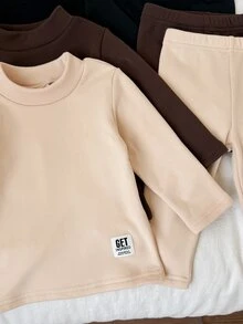 Vintaside Kids 6件組女嬰長袖T恤與內搭褲套裝，秋冬韓系時尚舒適休閒抓絨針織面料素色字母貼布裝飾修身中高領T恤與長褲套裝，適合日常穿著、上學、戶外公園玩耍 - 彩色 - 查看 6