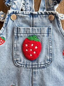 SHEIN Vintaside Kids 1件女嬰藍色牛仔休閒可愛刺繡花卉吊帶牛仔連身褲，適合外出與派對，秋季穿著 - 藍色 - 查看 4