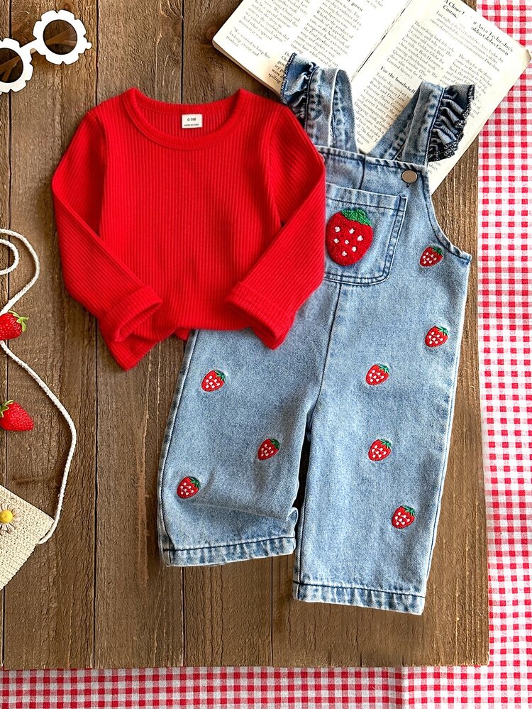 SHEIN Vintaside Kids 1pc Baby Girl Blue Denim Casual Cute Embroidered Floral Strap Denim Jumpsuit, Suitable For Outings And Parties Autumn Fall - Blue - View 5