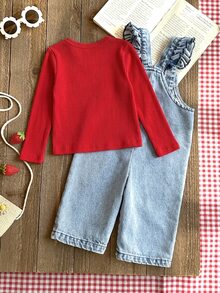 SHEIN Vintaside Kids 1件女嬰藍色牛仔休閒可愛刺繡花卉吊帶牛仔連身褲，適合外出與派對，秋季穿著 - 藍色 - 查看 2