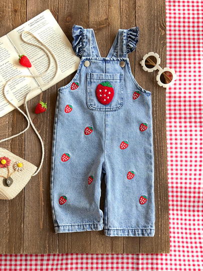 SHEIN Vintaside Kids 1pc Baby Girl Blue Denim Casual Cute Embroidered Floral Strap Denim Jumpsuit, Suitable For Outings And Parties